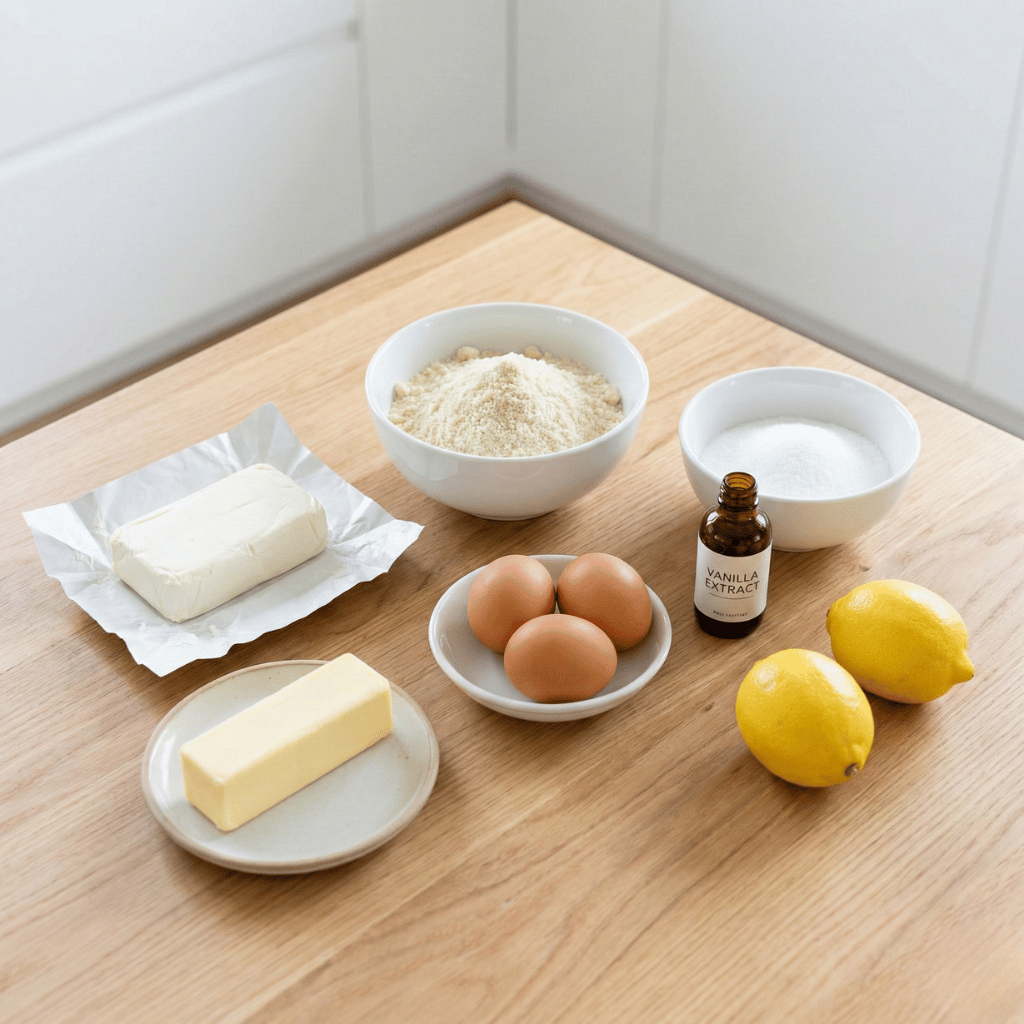 Keto-juustokakun ainekset pöydällä: tuorejuusto, mantelijauho, voi, munat ja erytritoli