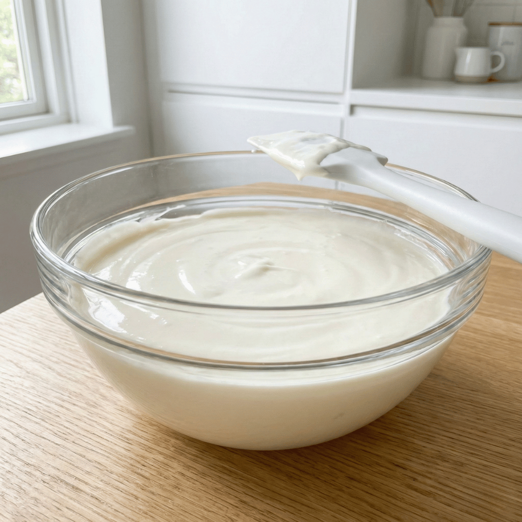 Kermainen juustokakkutäyte lasimaljakossa, silkkisen tasainen rakenne