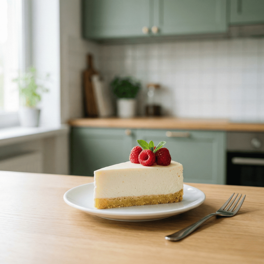 Keto-juustokakkupala valkoisella lautasella, haarukka vieressä, vadelmakoristelu