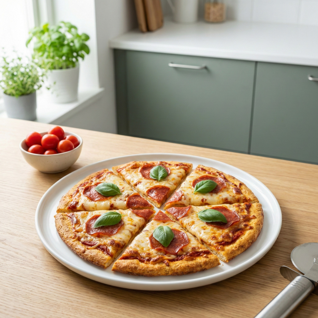 Valmis keto-pizza Fat Head -pohjalla, leikattu kolmioiksi
