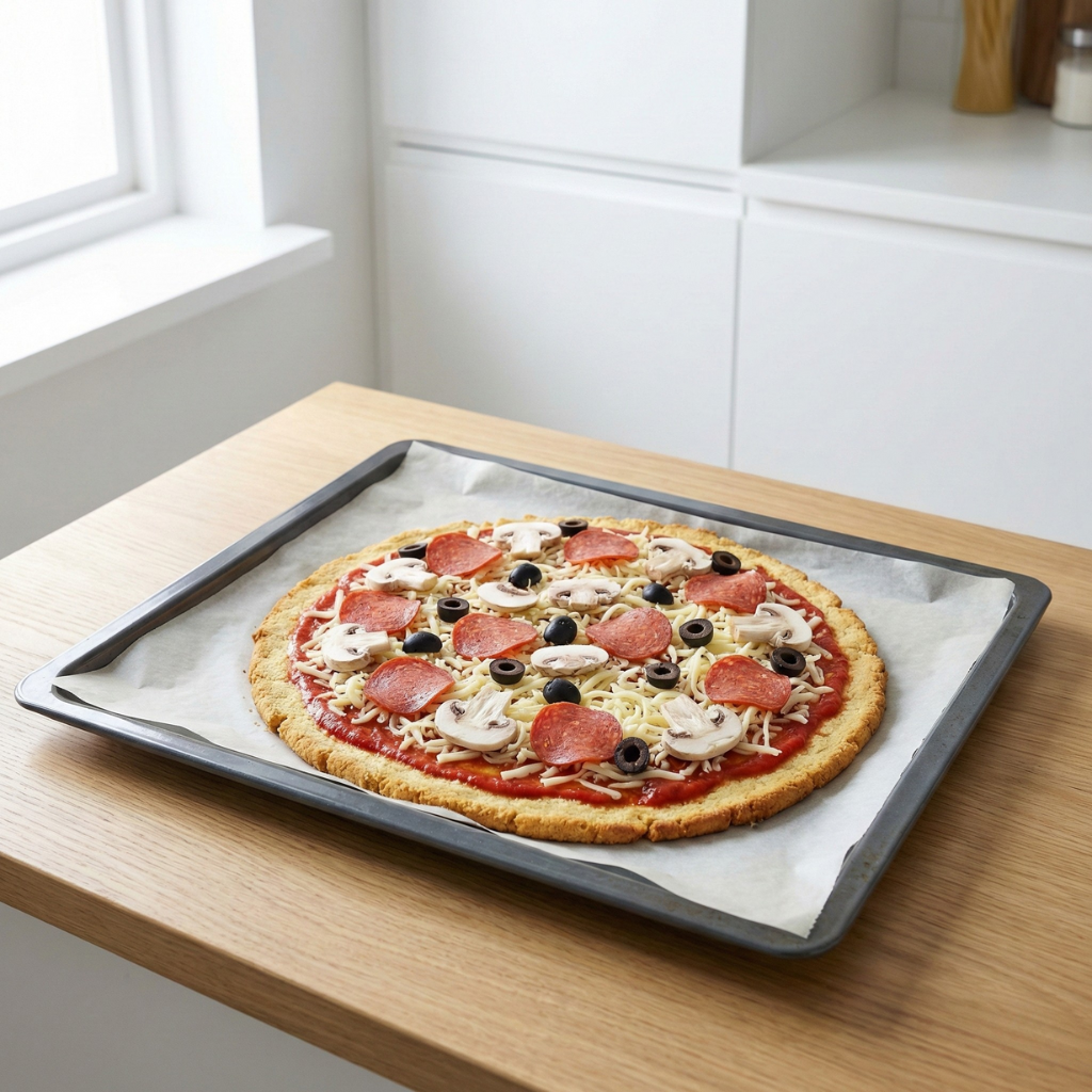 Keto-pizza täytteillä uunipellillä