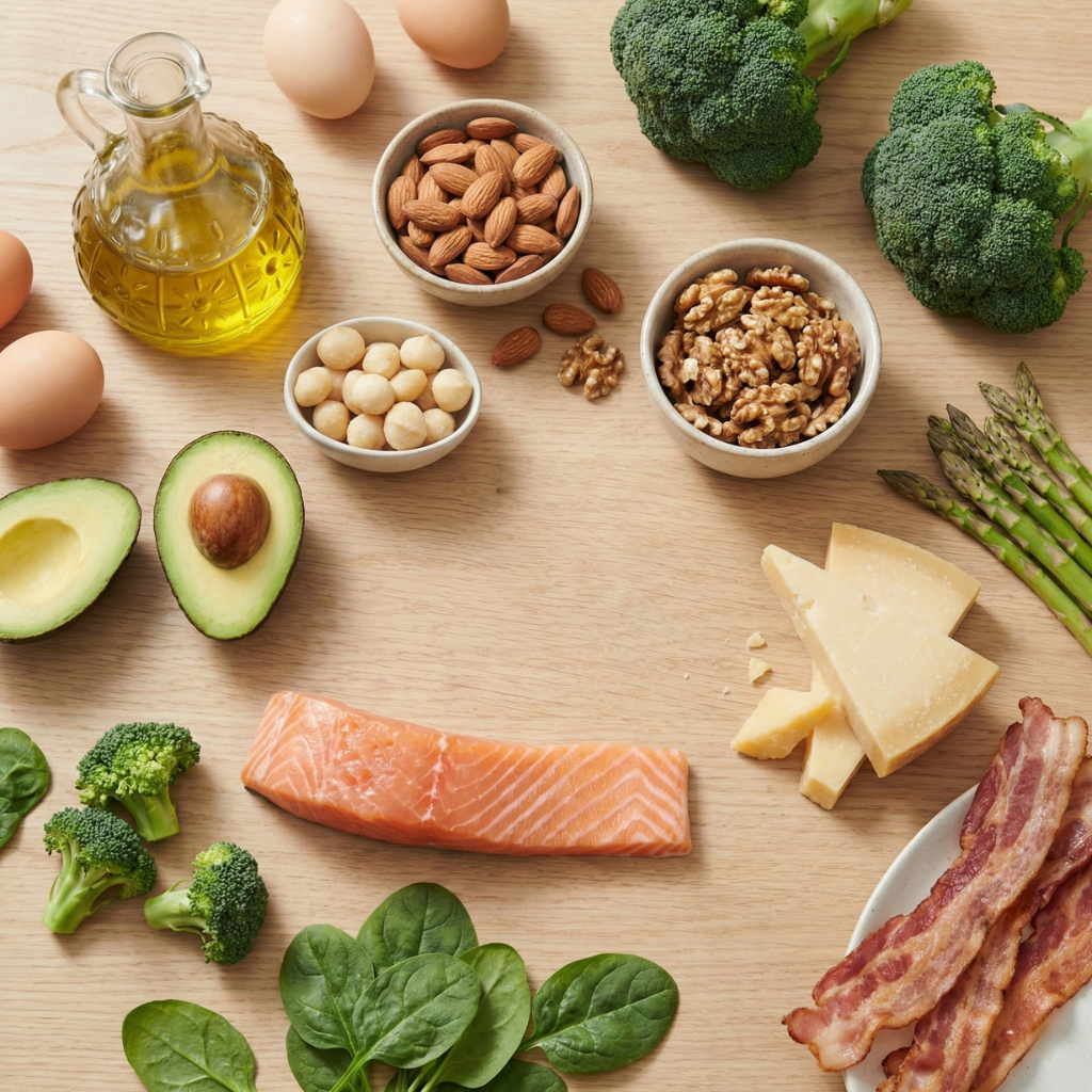 Keto-ruokia pöydällä: lihaa, kalaa, vihanneksia, pähkinöitä ja terveitä rasvoja