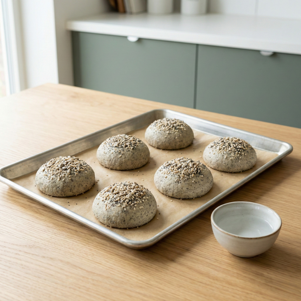 Ketosämpylät muotoiltuna leivinpaperille ennen uunia