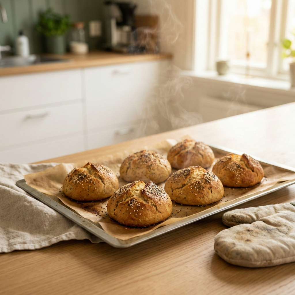 Tuoreet ketosämpylät juuri uunista, kullanruskeat ja mehevät