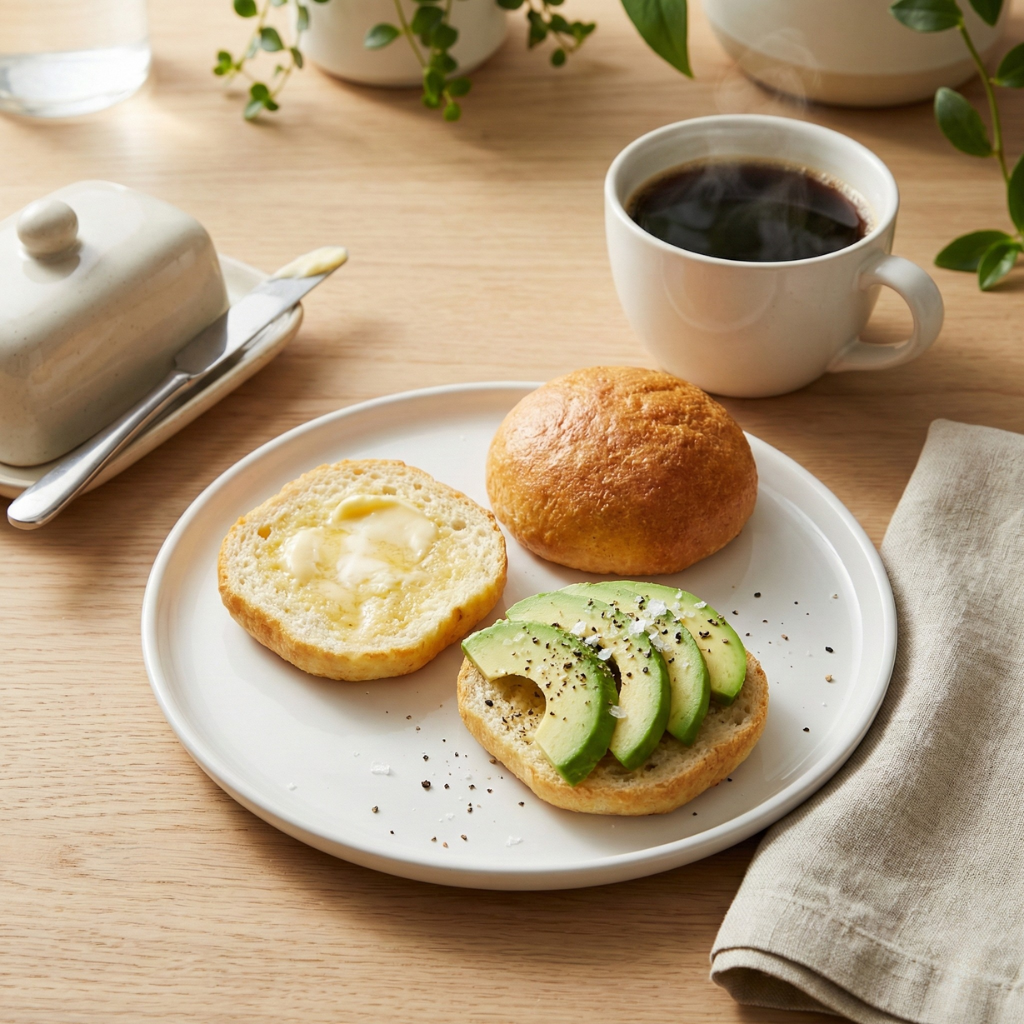 Keto sämpylä halkaistuina voin ja avokadon kera aamiaiseksi