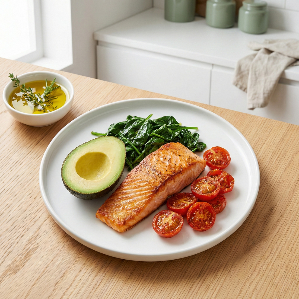Ketogeeninen ateria - lohta, avokadoa ja vihanneksia lautasella