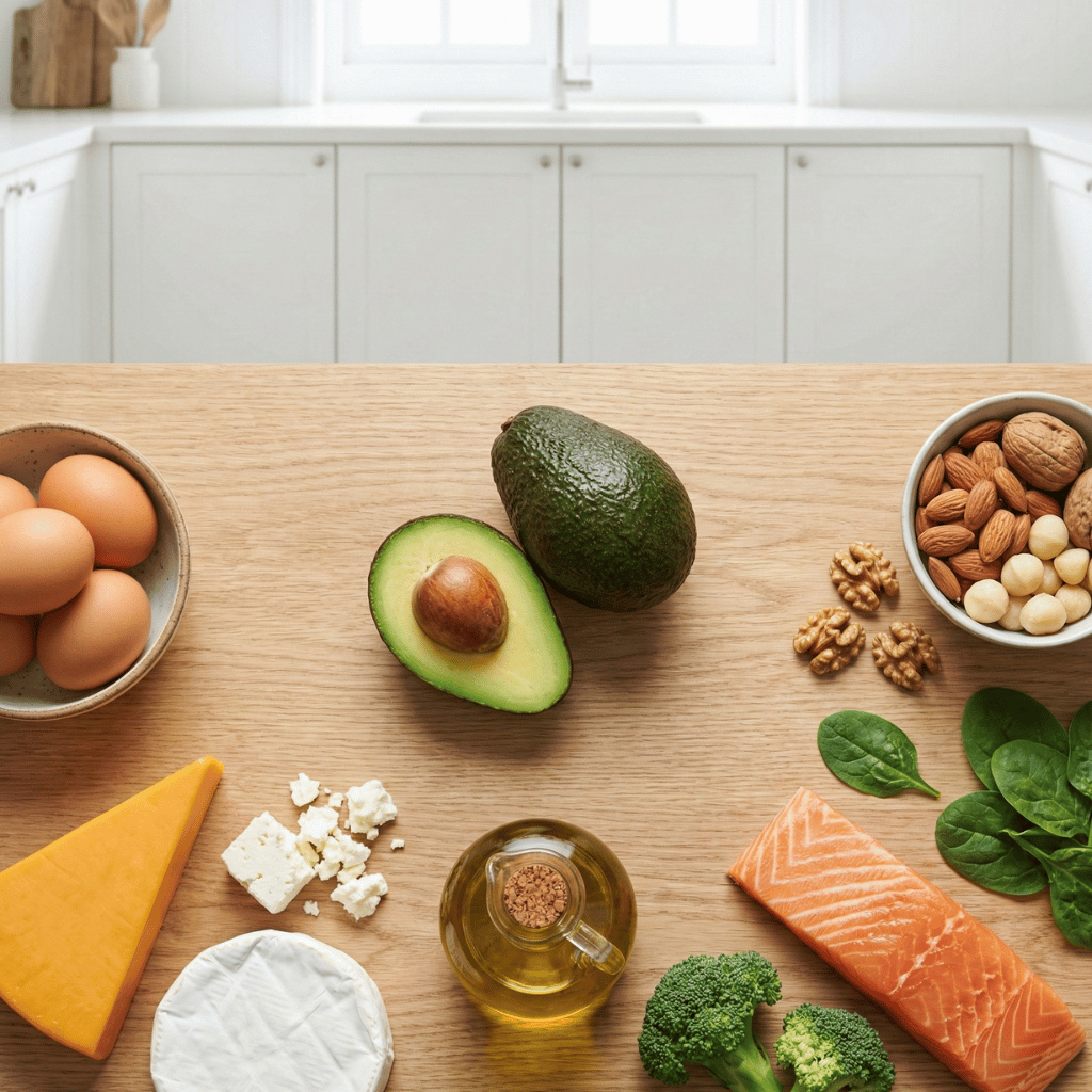Ketogeeniset raaka-aineet - avokado, kananmunat, juustot, oliiviöljy, pähkinät ja lohi