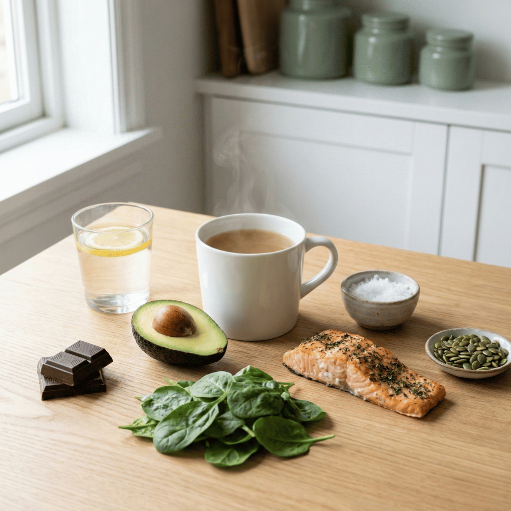 Elektrolyyttirikkaita ruokia - merisuola, avokado, pinaatti, lohi ja luuliemi