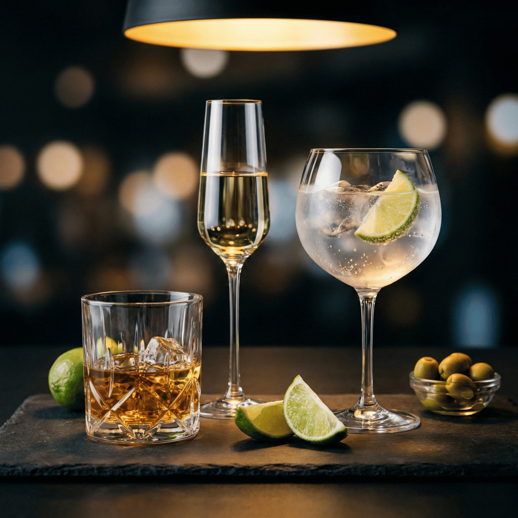 Keto-ystävälliset alkoholijuomat: viski, kuiva viini ja gin tonic elegantissa asetelmassa