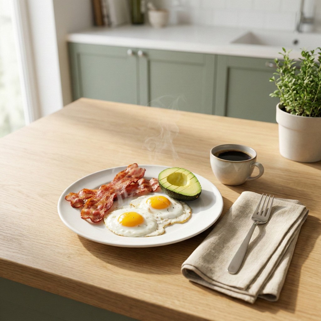 Keto aamiainen - pekoni, munat ja avokado