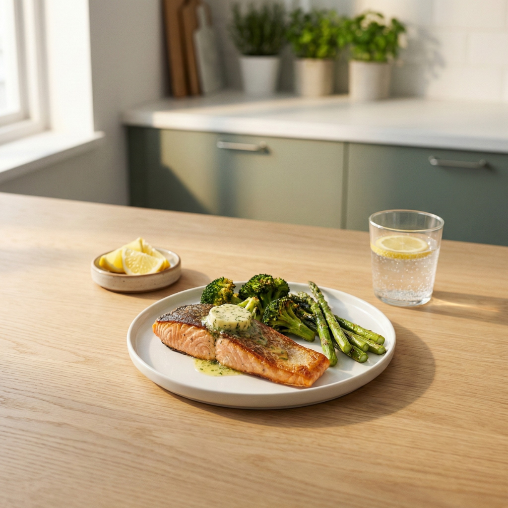 Keto päivällinen - lohi ja vihannekset