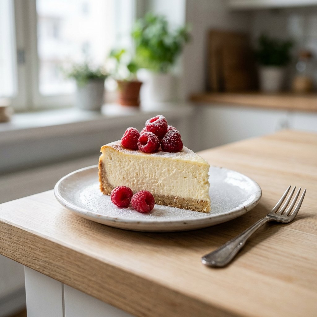 Keto juustokakku lohko marjoilla valkoisella lautasella