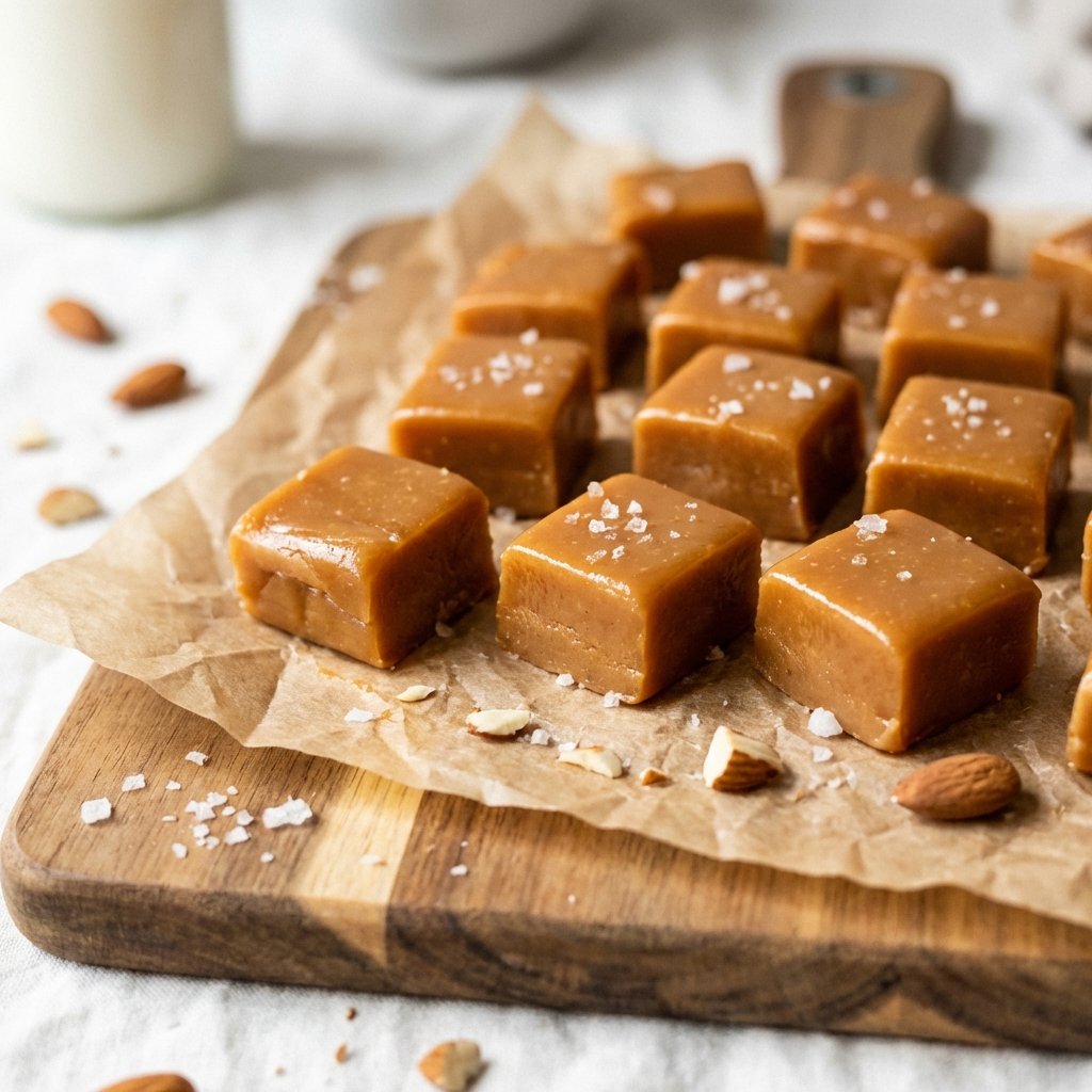Keto fudge palat karamellisoidulla pinnalla puualustalla