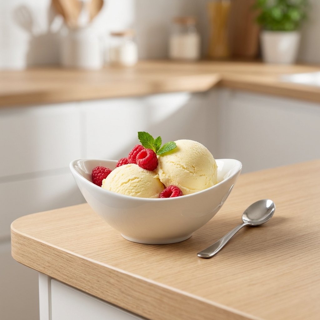 Keto vaniljajäätelö valkoisessa kulhossa marjoilla koristeltuna