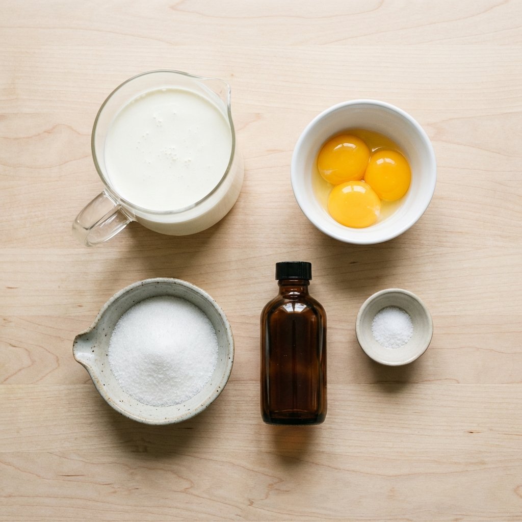 Keto jäätelön ainekset: kuohukerma, keltuaiset, erytritoli ja vaniljauute