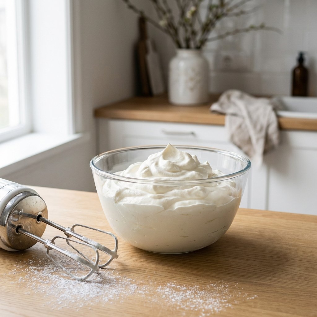 Vaahdotettu kerma lasimaljakossa sähkövatkaimella