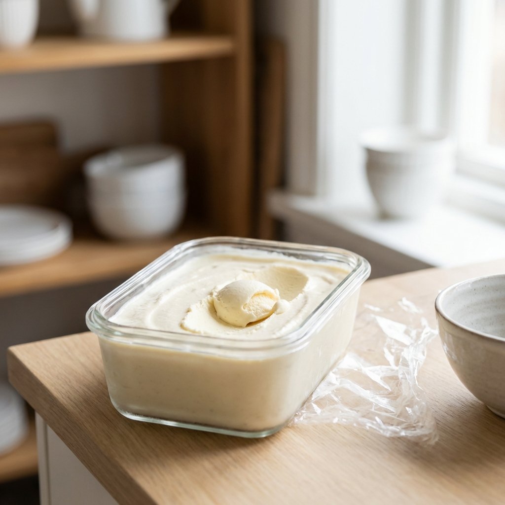 Valmis keto jäätelömassa pakastusastiassa