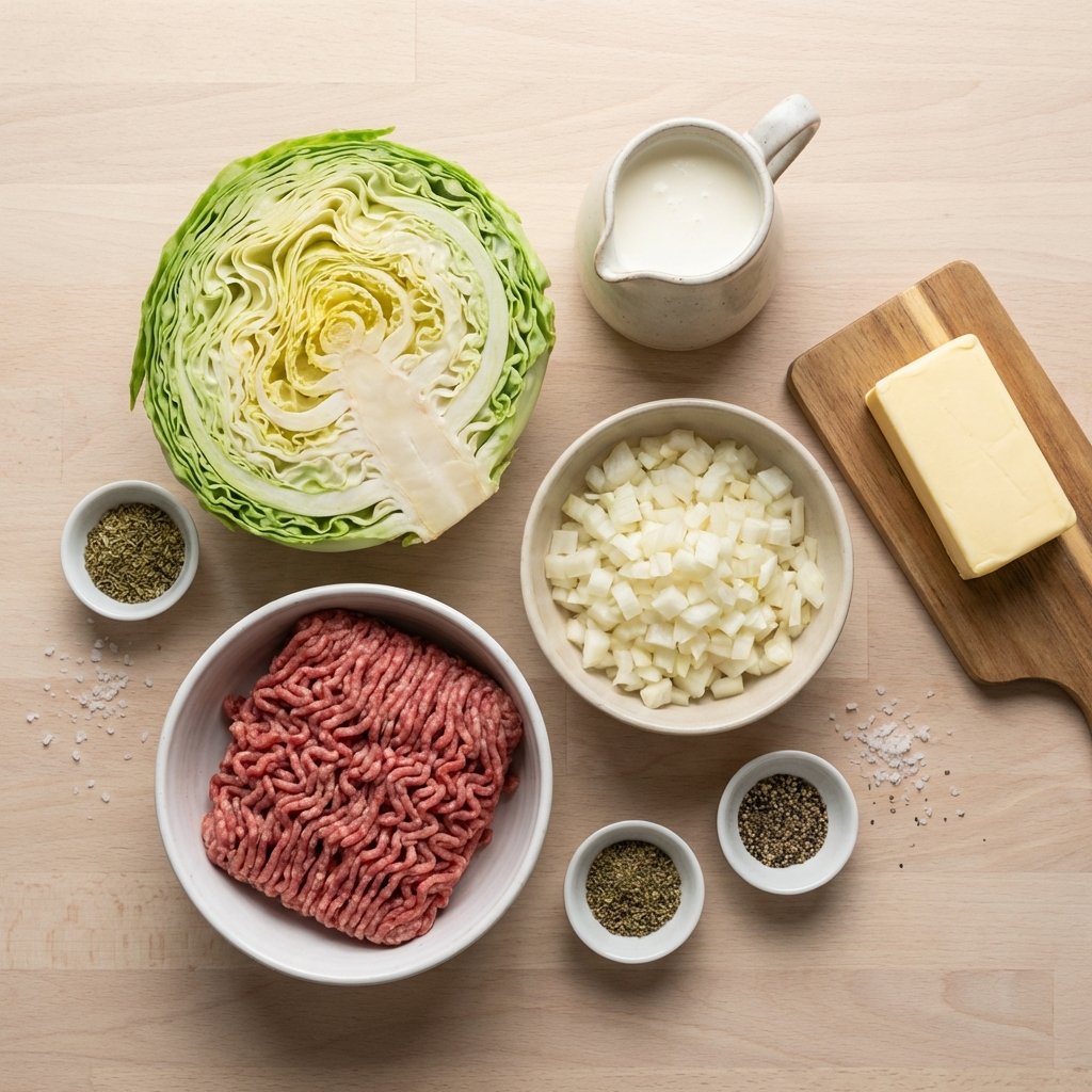 Keto kaalilaatikon ainekset: keräkaali, jauheliha, sipuli, kerma ja mausteet