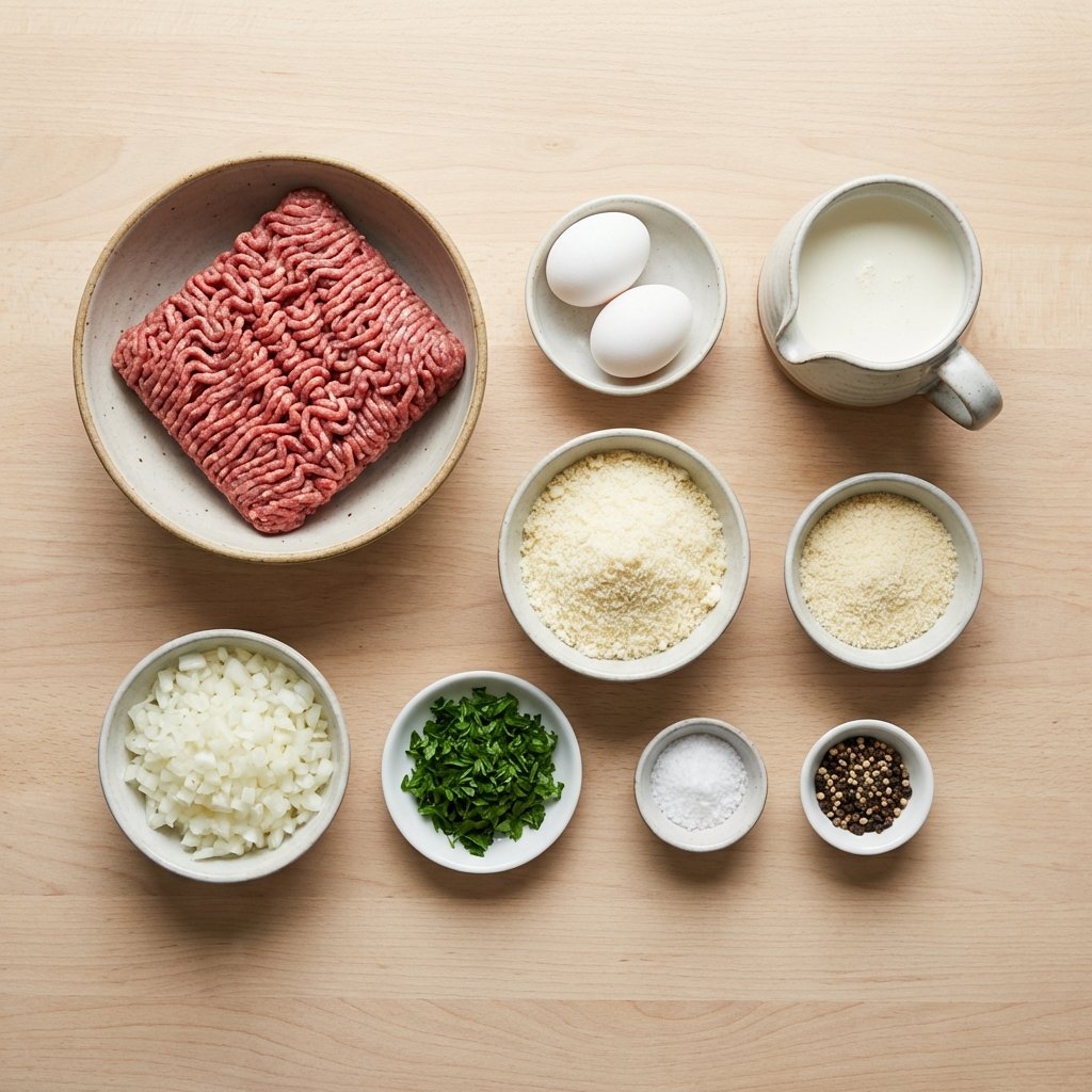 Keto-lihapullien ainekset: jauheliha, kananmuna, kerma ja parmesaanijuusto