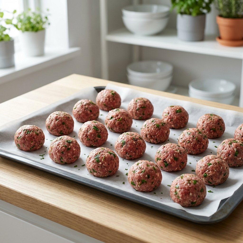 Keto-lihapullat pyöriteltynä uunipellillä valmiina paistettavaksi