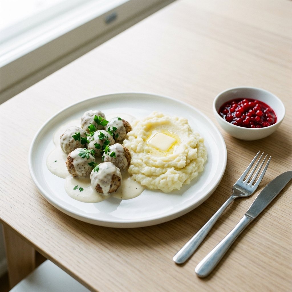 Täydellinen keto-ateria: lihapullat kermakastikkeessa, kukkakaalimuusi ja puolukkahillo