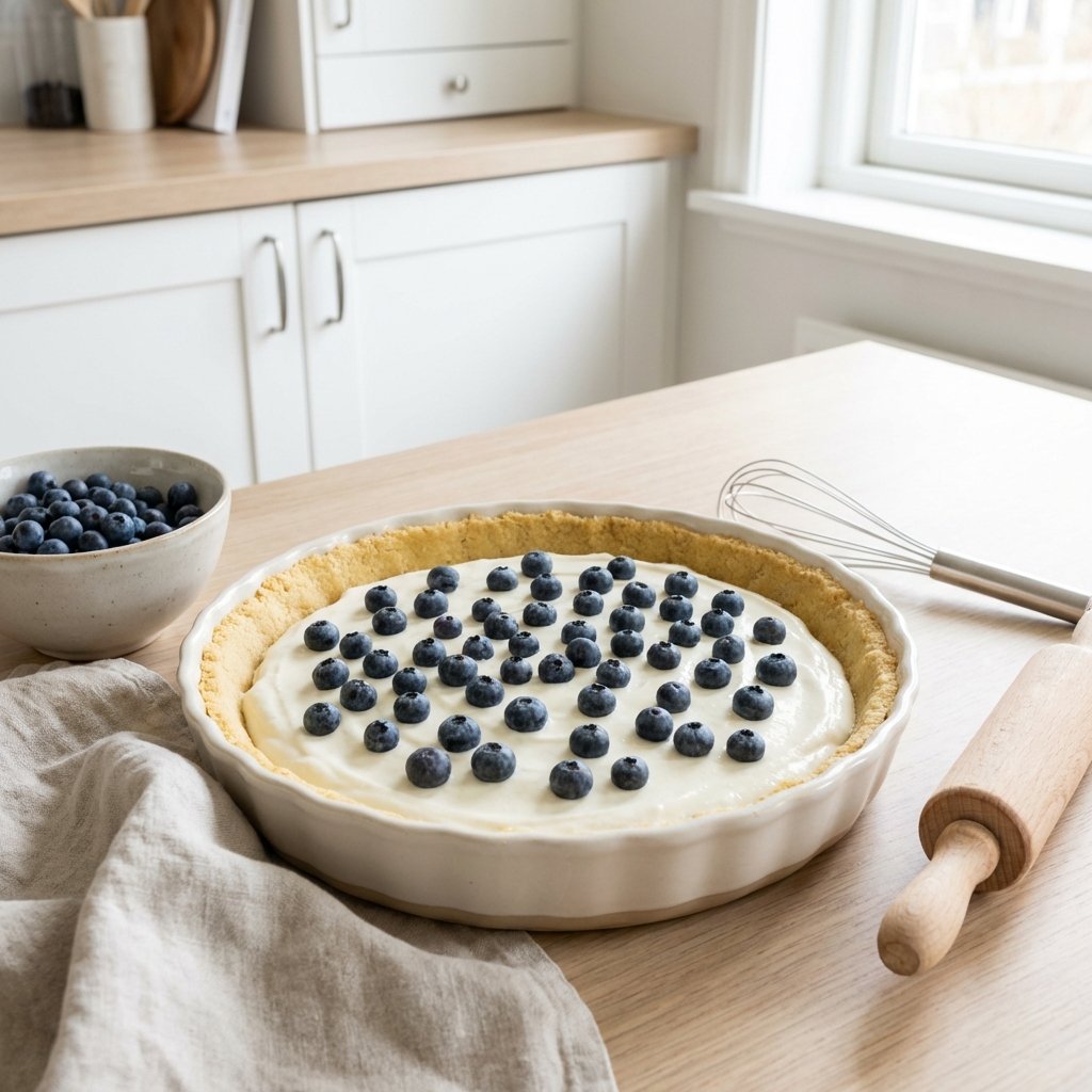 Keto mustikkapiirakka vuoassa rahkatäytteellä ja mustikoilla ennen paistoa