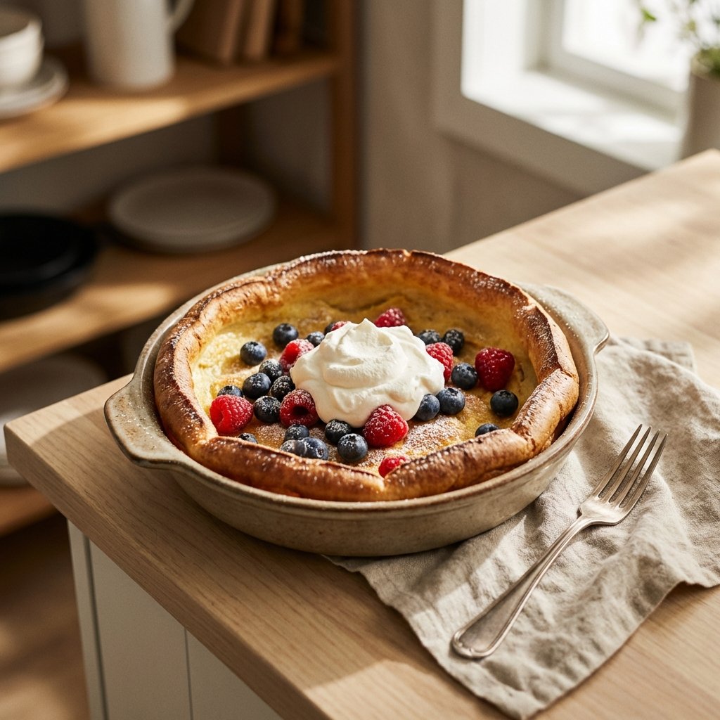 Keto pannukakku uunivuoassa tuoreiden marjojen ja kermavaahdon kera