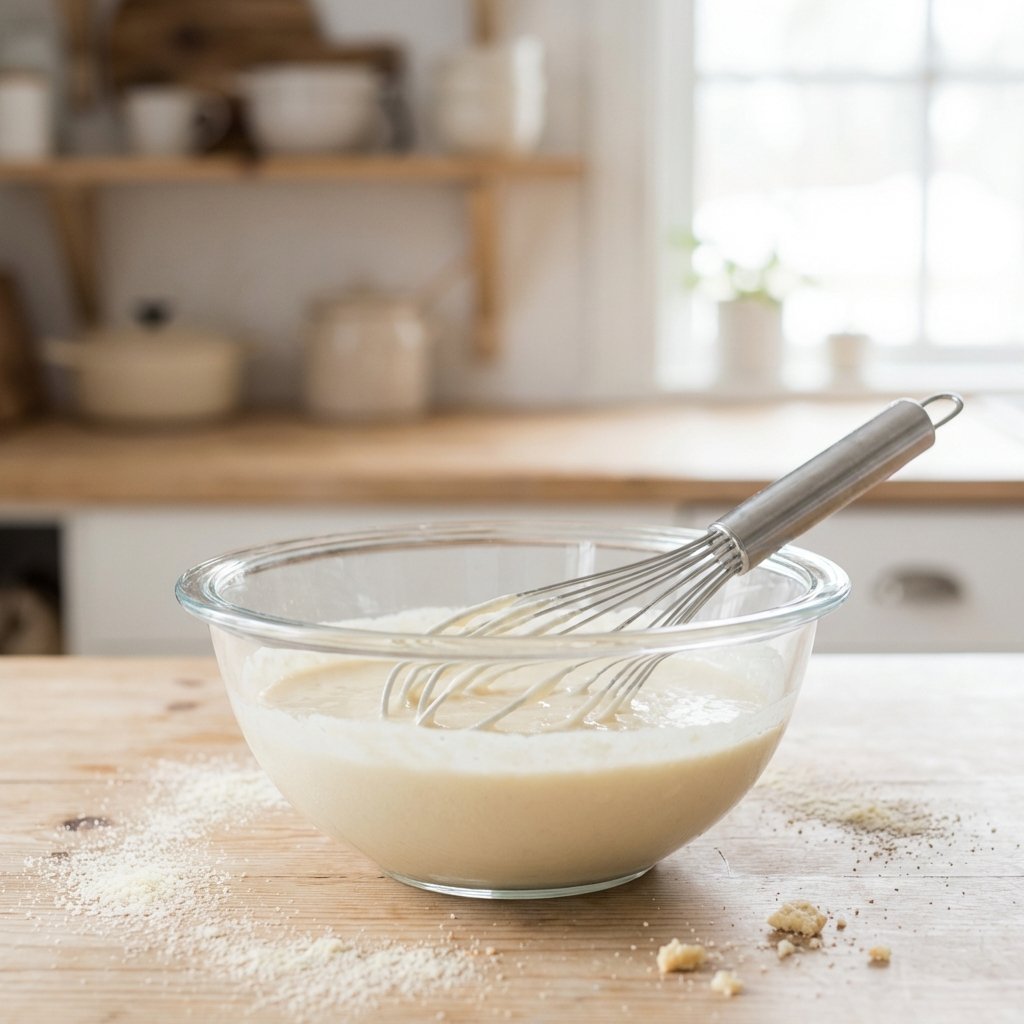 Keto pannukakkutaikina lasimaljakossa vispilän kanssa