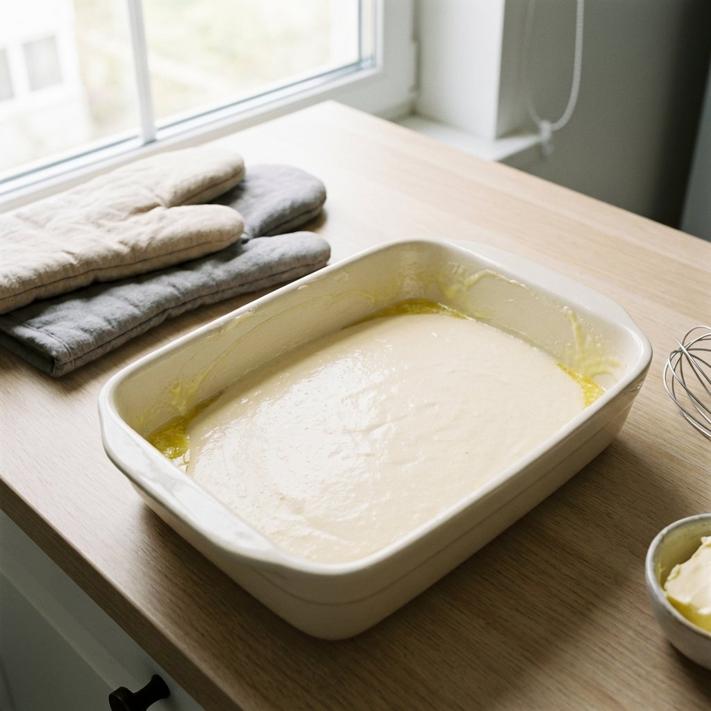 Keto pannukakkutaikina voidellussa uunivuoassa valmiina paistettavaksi