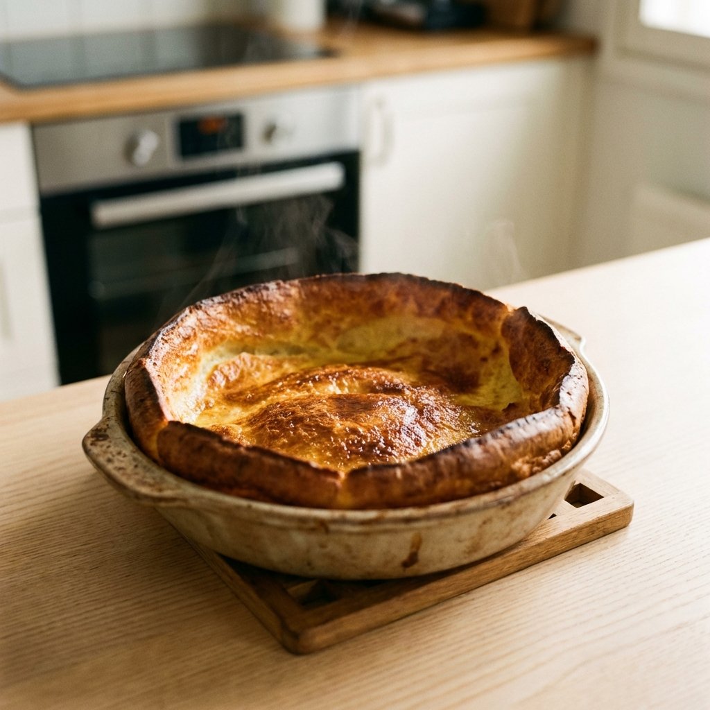 Kypsä keto pannukakku kullanruskeilla reunoilla uunista