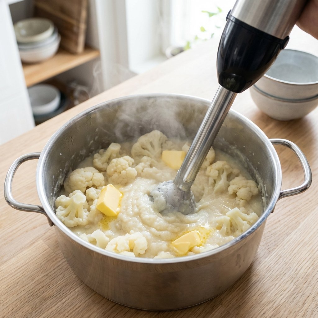 Kukkakaalimuusin valmistus: keitetty kukkakaali soseuttamassa kattilassa