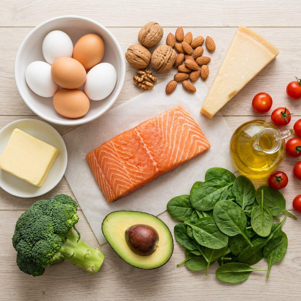 Ketogeenisen ruokavalion sallitut ruoat aloittelijalle: munat, lohi, avokado, voi, juusto, pähkinät, parsakaali ja pinaatti