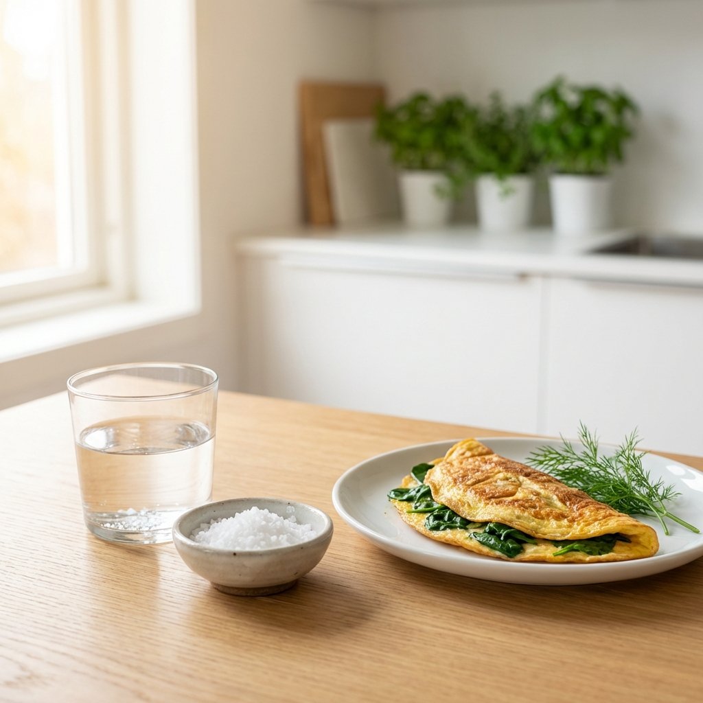 Keton ensimmäinen päivä: lasillinen vettä, merisuola ja munakas pinaatilla – yksinkertainen aloitus