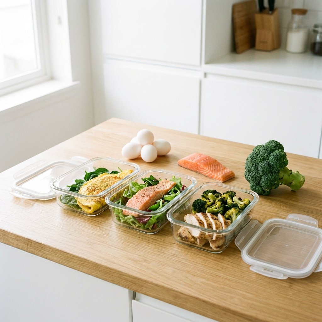 Keto-aloittelijan aterioiden valmistelu: kolme lasiastiaa valmiine aterioita ja tuoreet raaka-aineet vieressä