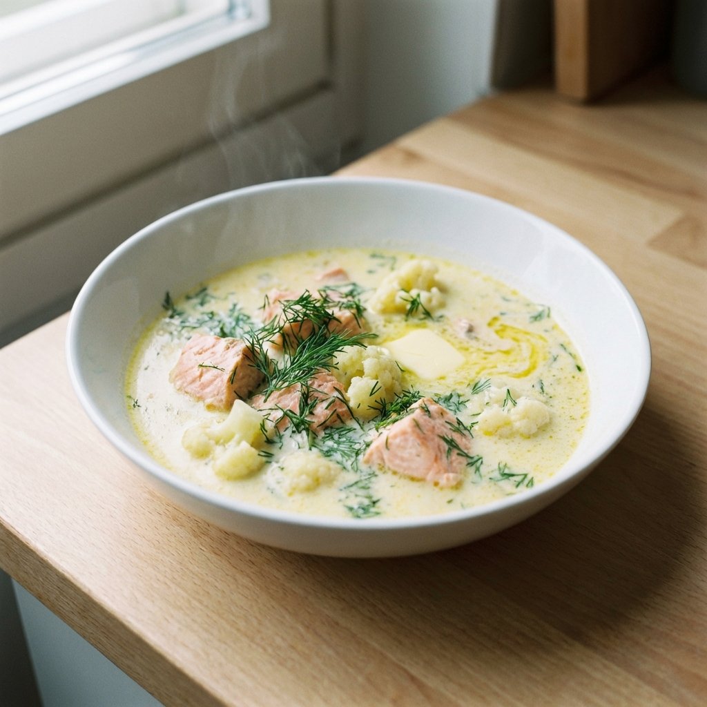 Kermainen keto-lohikeitto valkoisessa kulhossa tuoreen tillin ja lohen kera