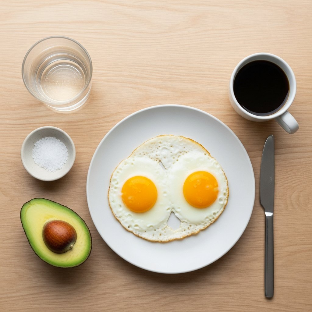 Keto aloittaminen: ensimmäinen ateria – munat, avokado ja vesi pöydällä