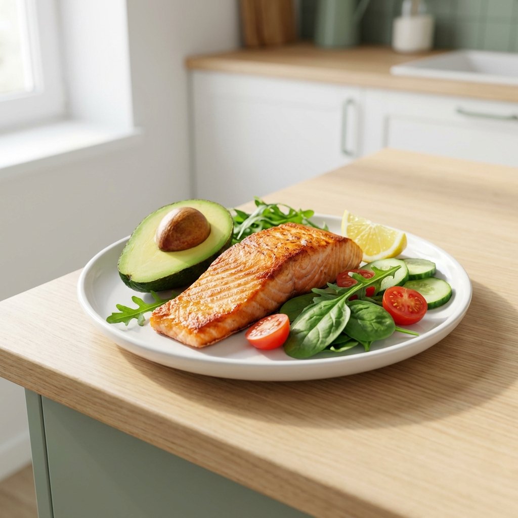Ketogeeninen lautasannos laihdutukseen: lohi, avokado ja tummanvihreät vihannekset