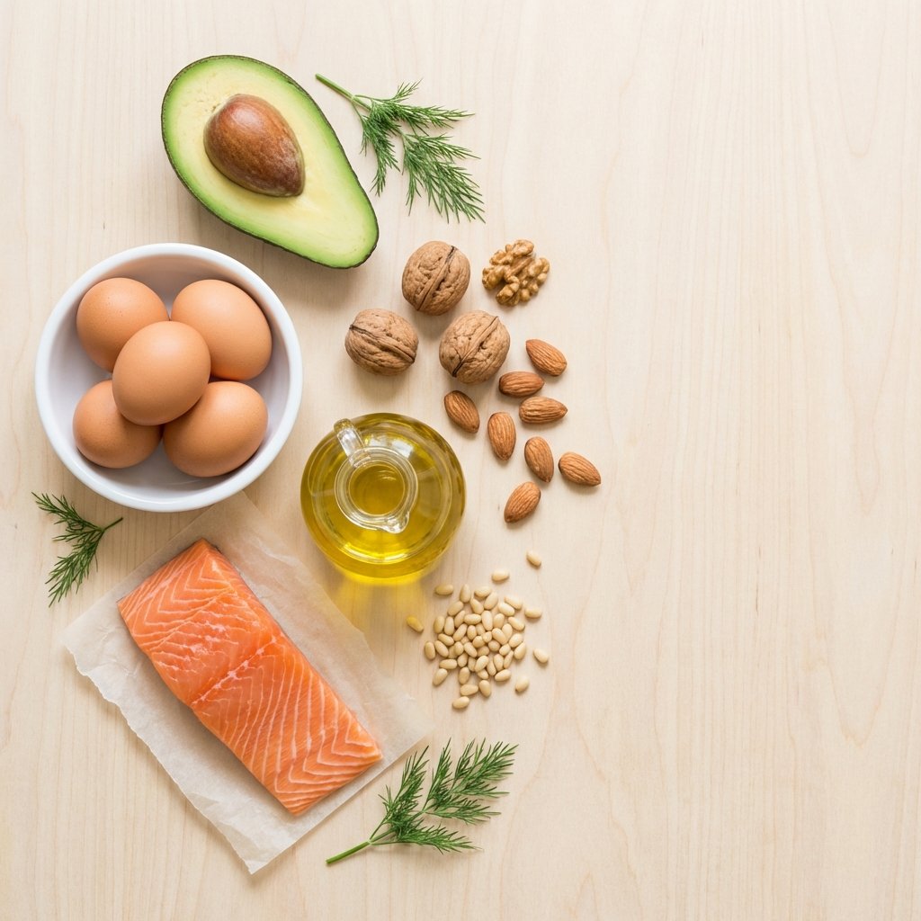 Keto-ruokavalion rasvat ylhäältä kuvattuna: avokado, kananmunat, lohi, oliiviöljy ja pähkinät