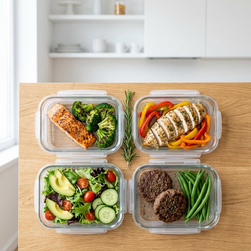 Keto-viikkoateriat valmiiksi pakattuina lasiastioihin jääkaappia varten