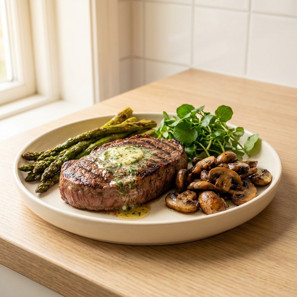 Täyttävä keto-illallinen: mehevä pihvi parsan ja sienten kanssa yrttivoilla