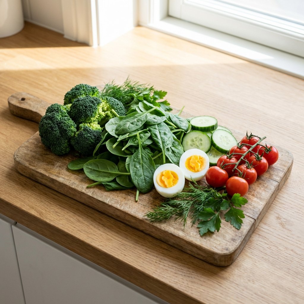 Tuoreet keto-kasvikset ja proteiinit leikkuulaudalla: parsakaali, pinaatti, kurkkua ja kananmunaa