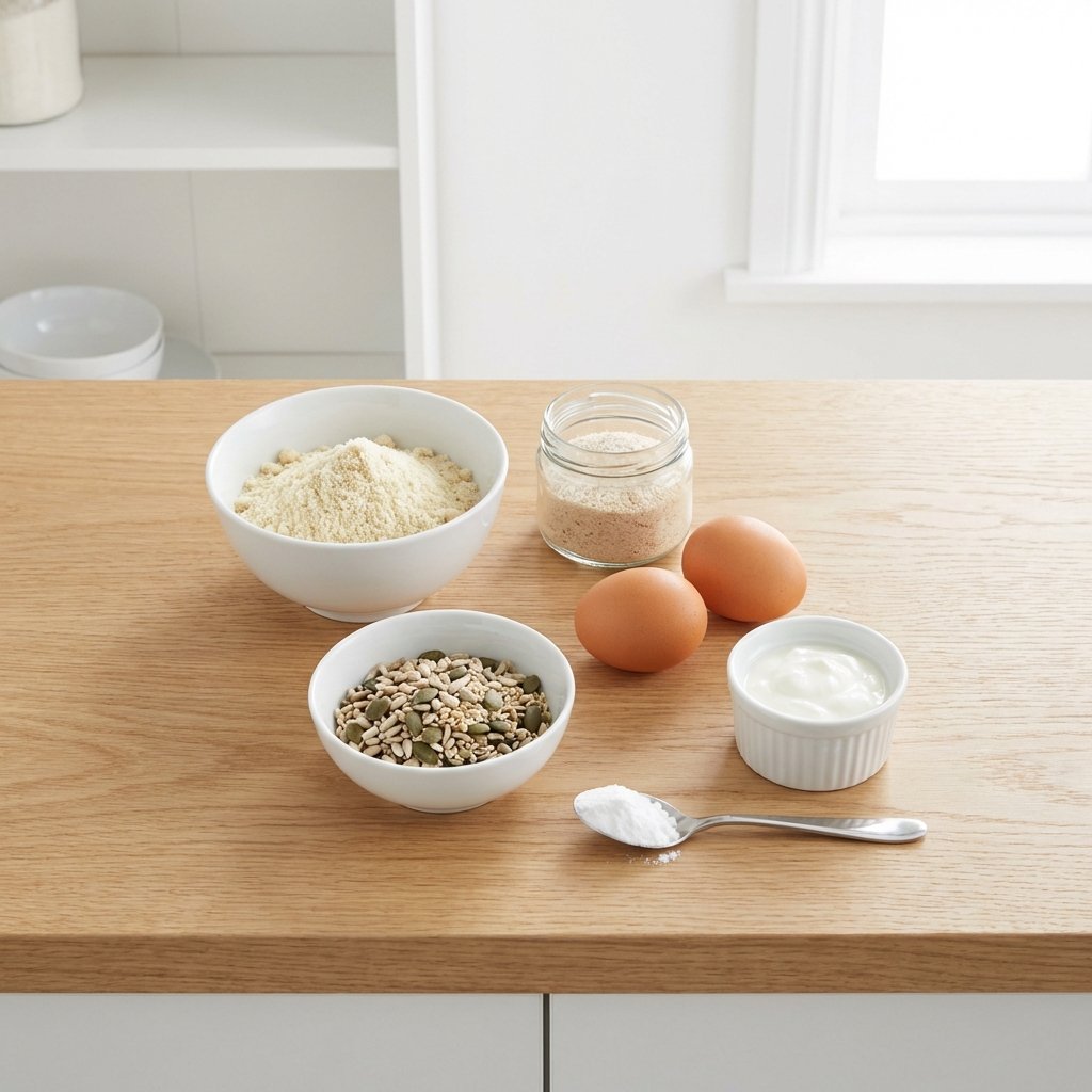 Keto-leivän ainekset: mantelijauho, psyllium, munat ja siemenet