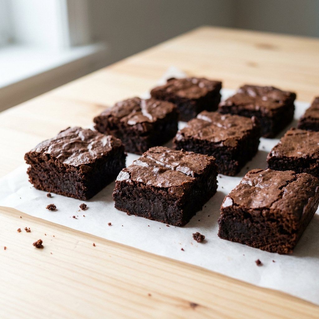 Tummia keto-brownieja leivinpaperilla puisella pöydällä