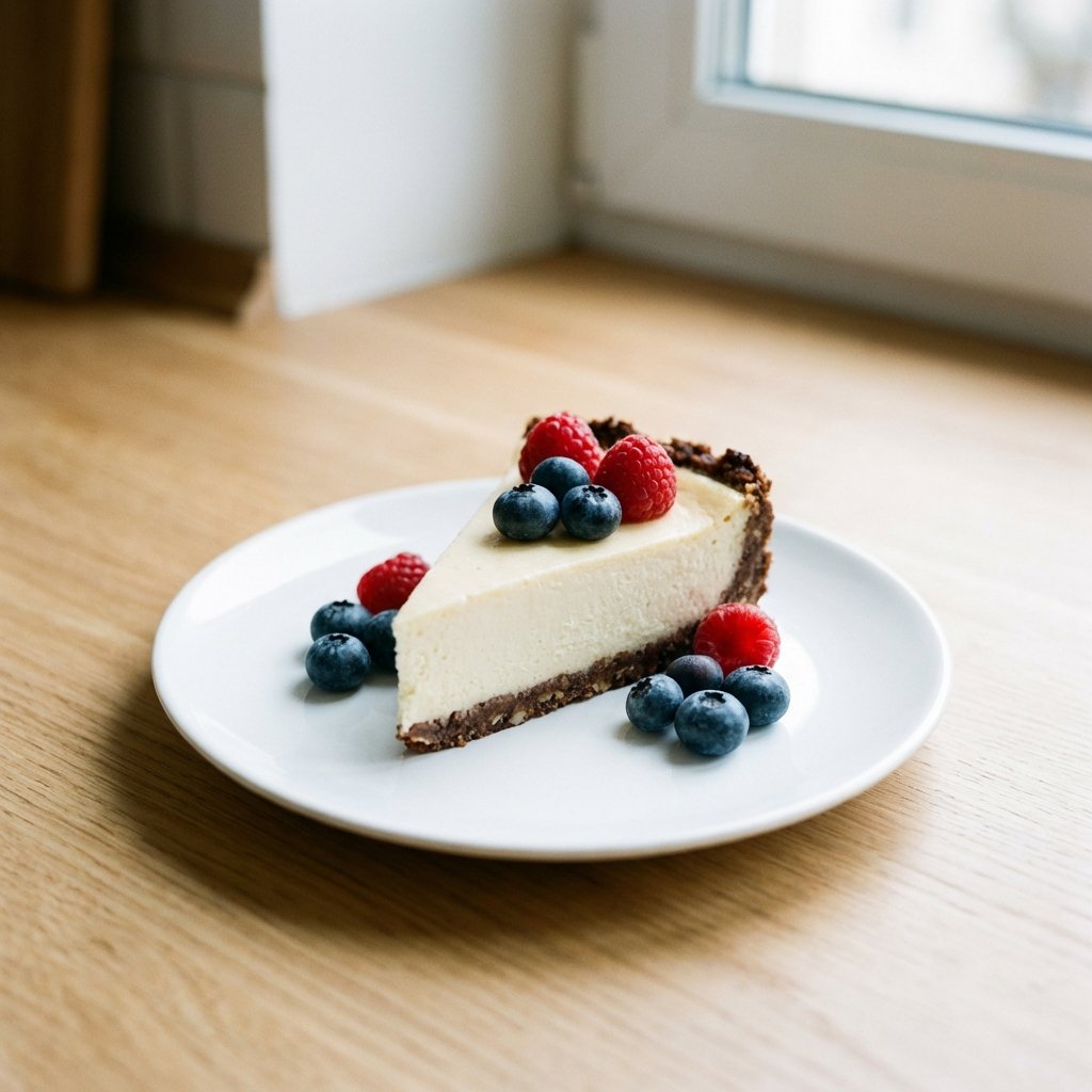 Keto juustokakku viipale marjoilla valkoisella lautasella