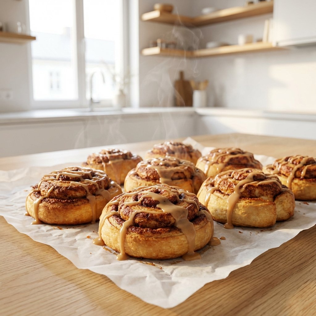 Kullanruskeat keto-korvapuustit leivinpaperilla puisella pöydällä