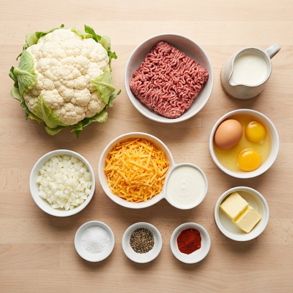 Keto makaronilaatikon raaka-aineet: kukkakaali, jauheliha, kerma, munat ja juusto