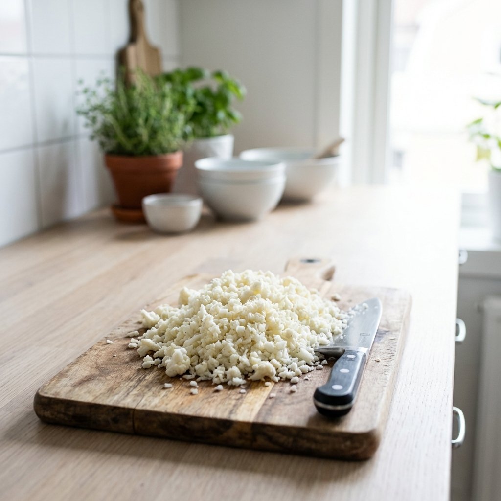 Kukkakaali pilkottuna pieniksi paloiksi leikkuulaudalla