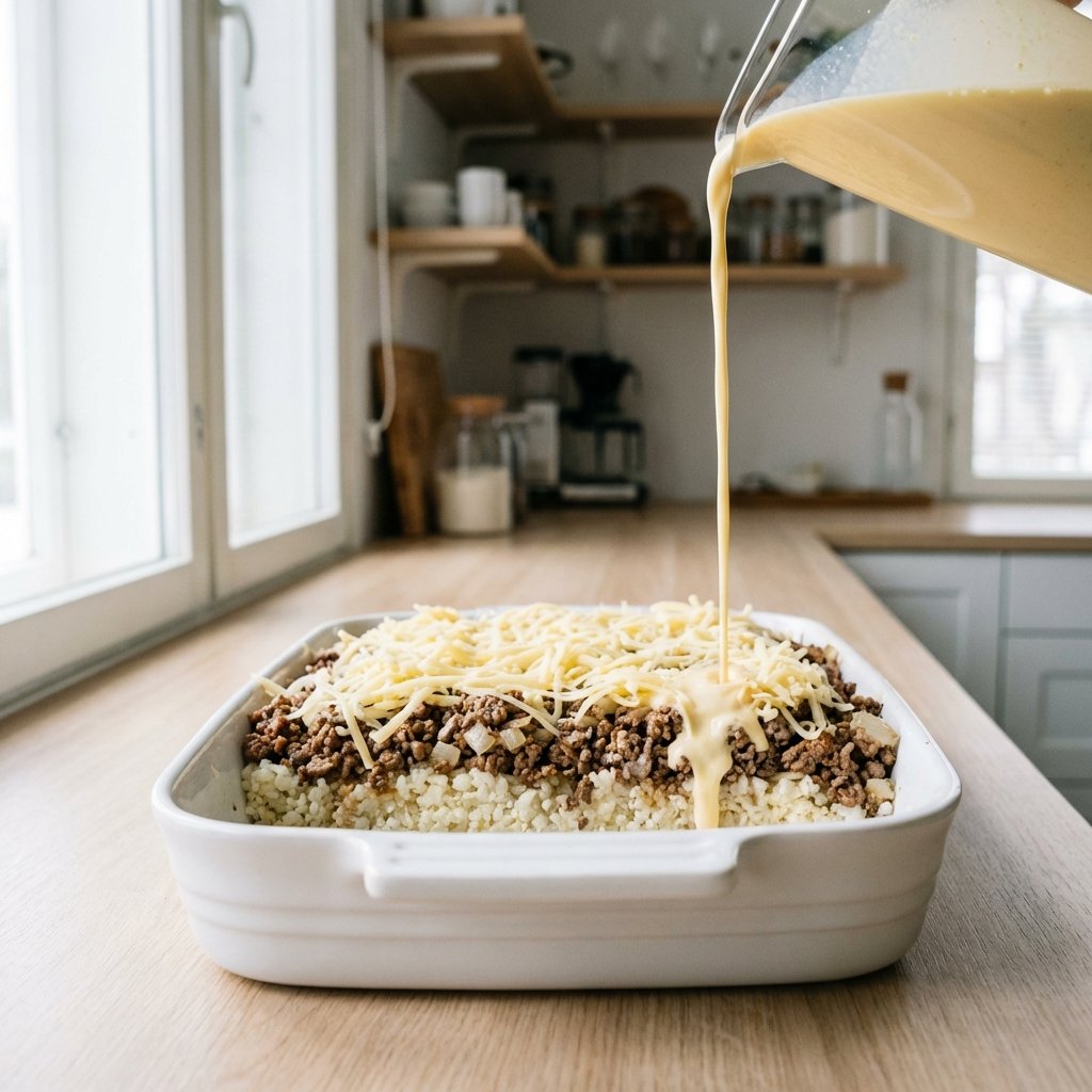 Makaronilaatikko koottuna uunivuokaan ennen paistamista