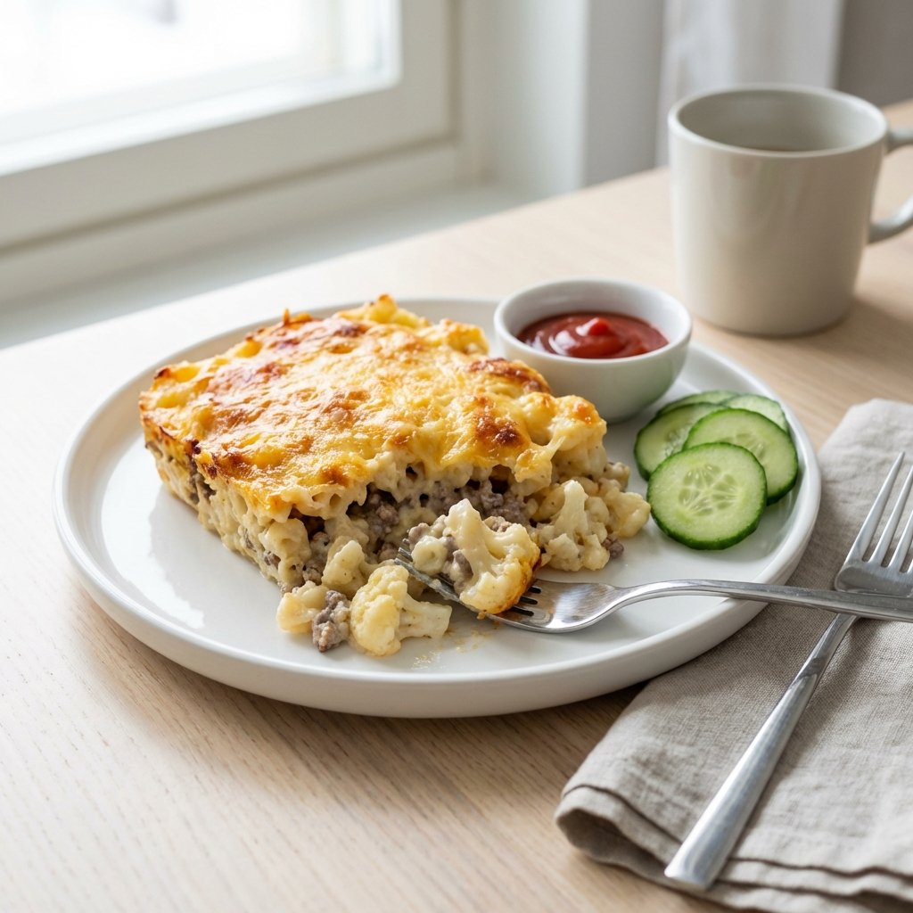 Annos keto makaronilaatikkoa lautasella ketsupin kera