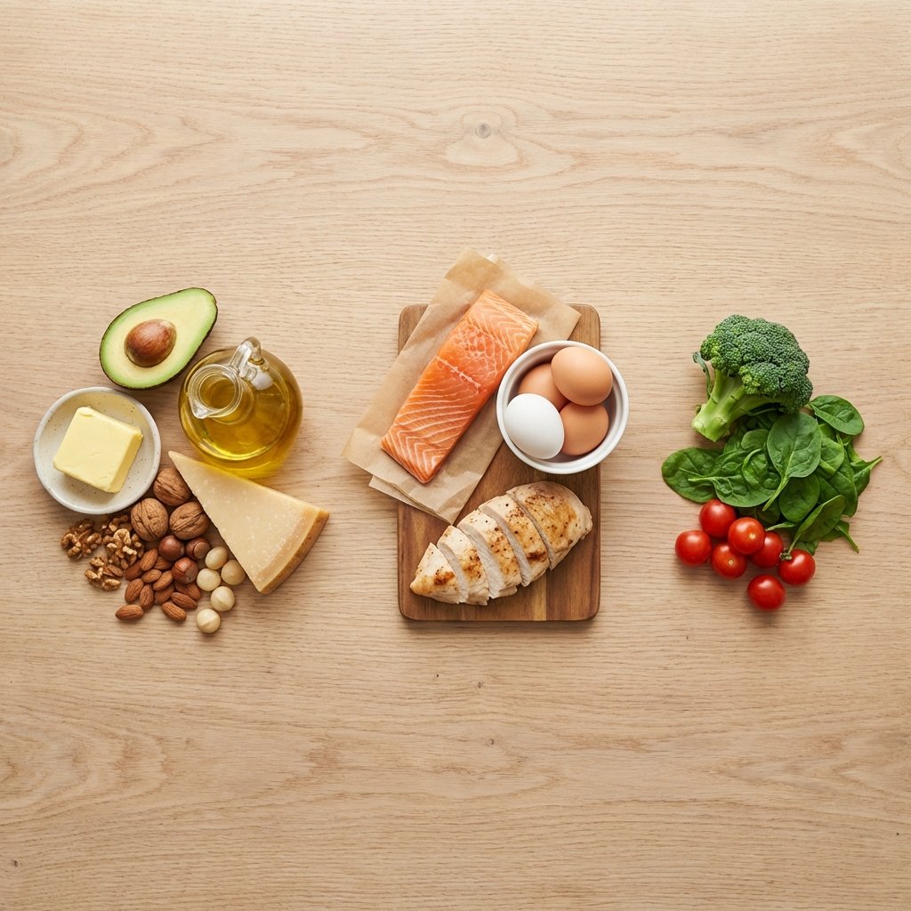 Keto makrot kolmessa ryhmässä: rasvat vasemmalla, proteiinit keskellä ja vähähiilihydraattiset kasvikset oikealla